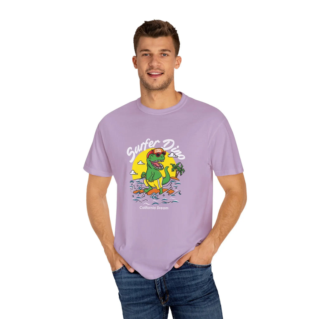 California Dream Surfing Dinosaur In Waves With Palm Tree Graphic T-Shirt - Sinful Threads