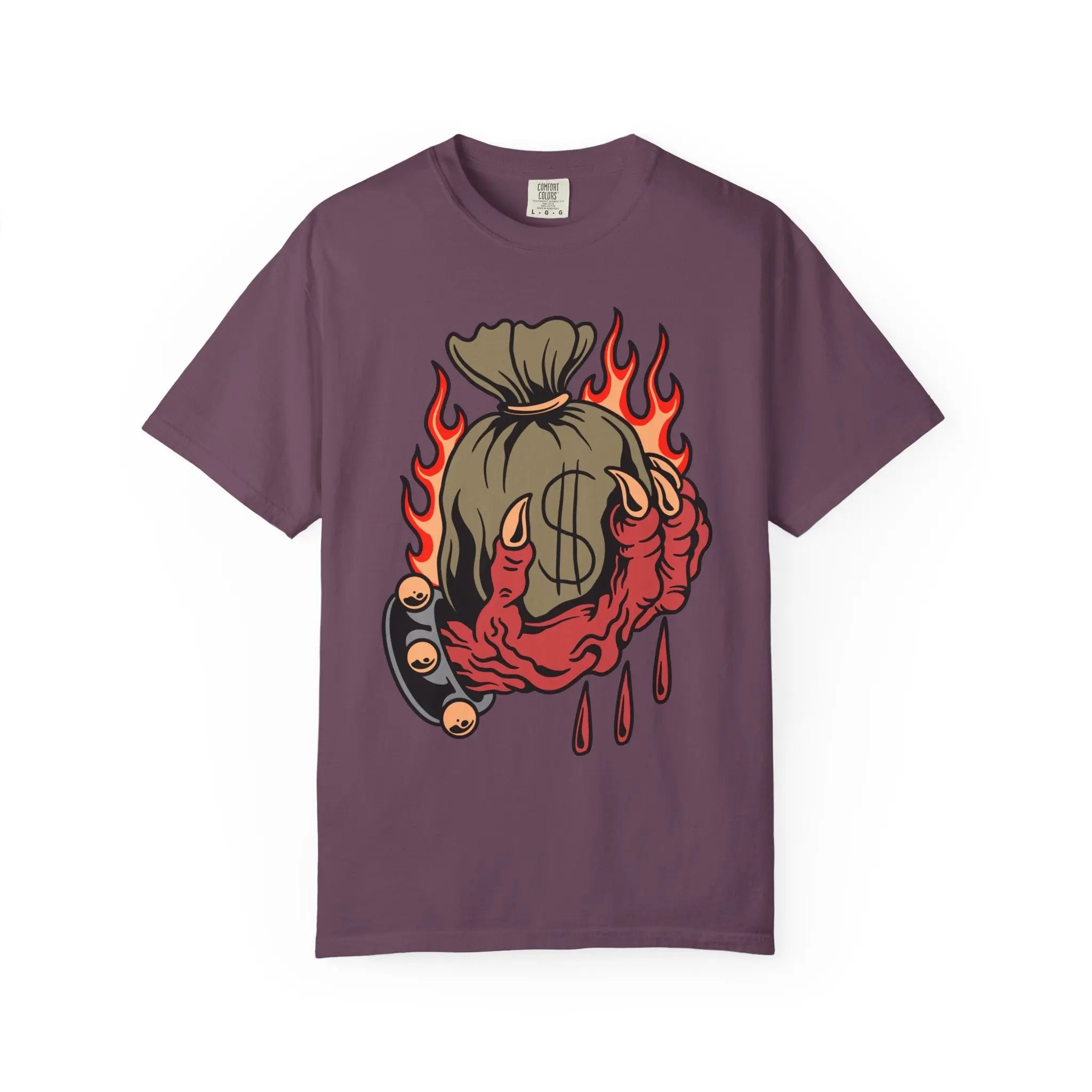 Money Bag Shirt - Devil's Hand Flaming Dollar Tattoo Tee - Sinful Threads
