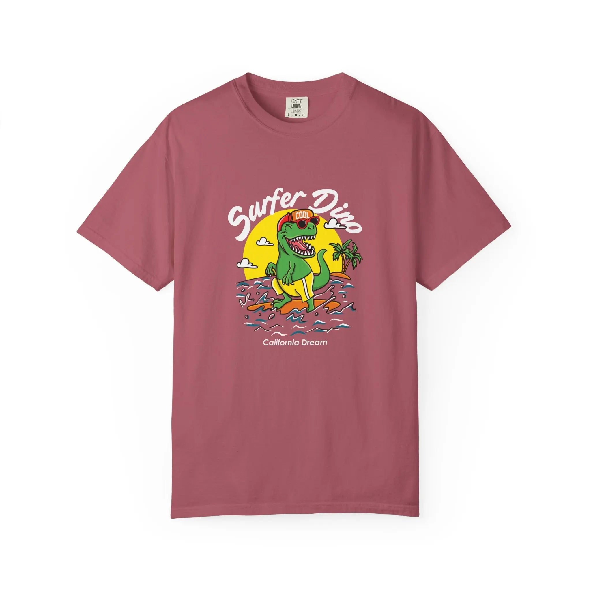 California Dream Surfing Dinosaur In Waves With Palm Tree Graphic T-Shirt - Sinful Threads