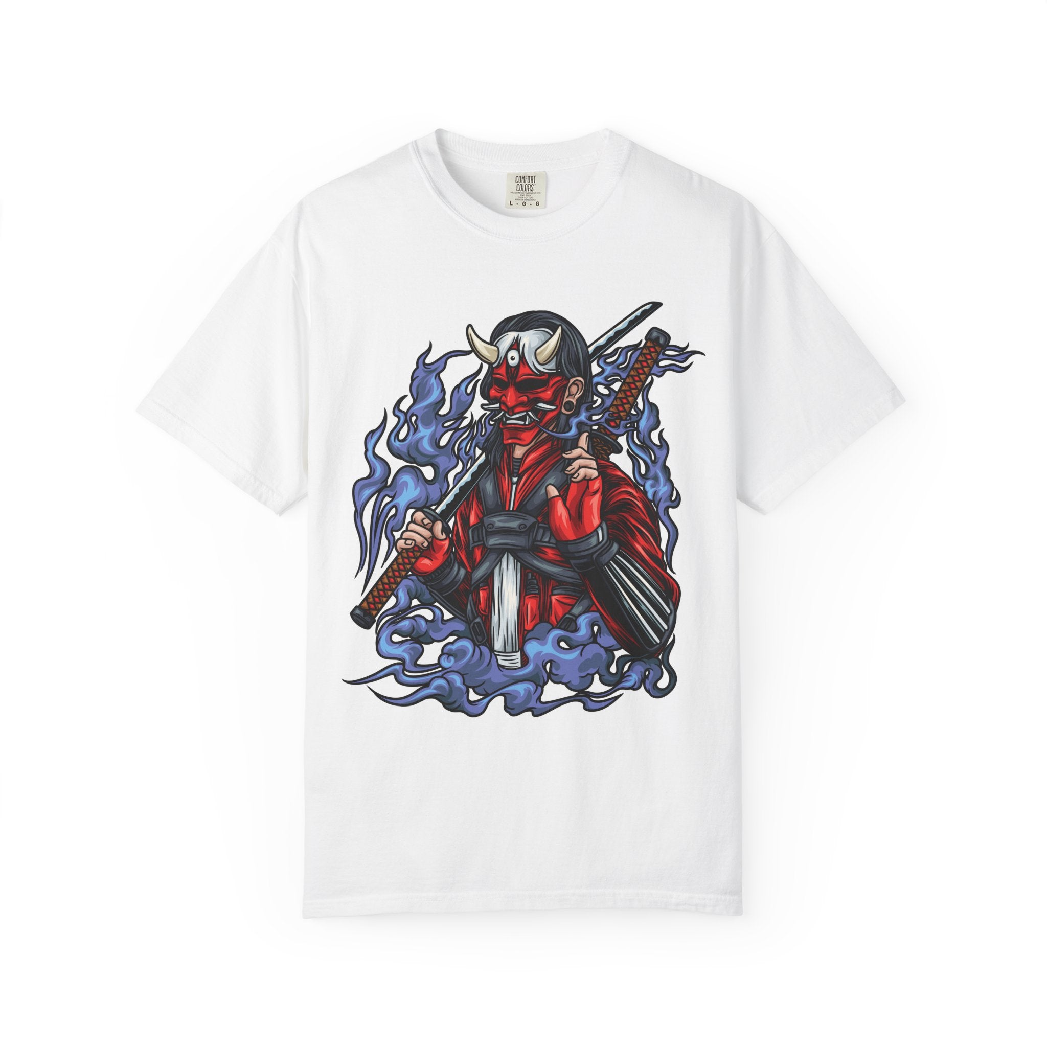 White t-shirt with a graphic design of a character holding a sword on a white background