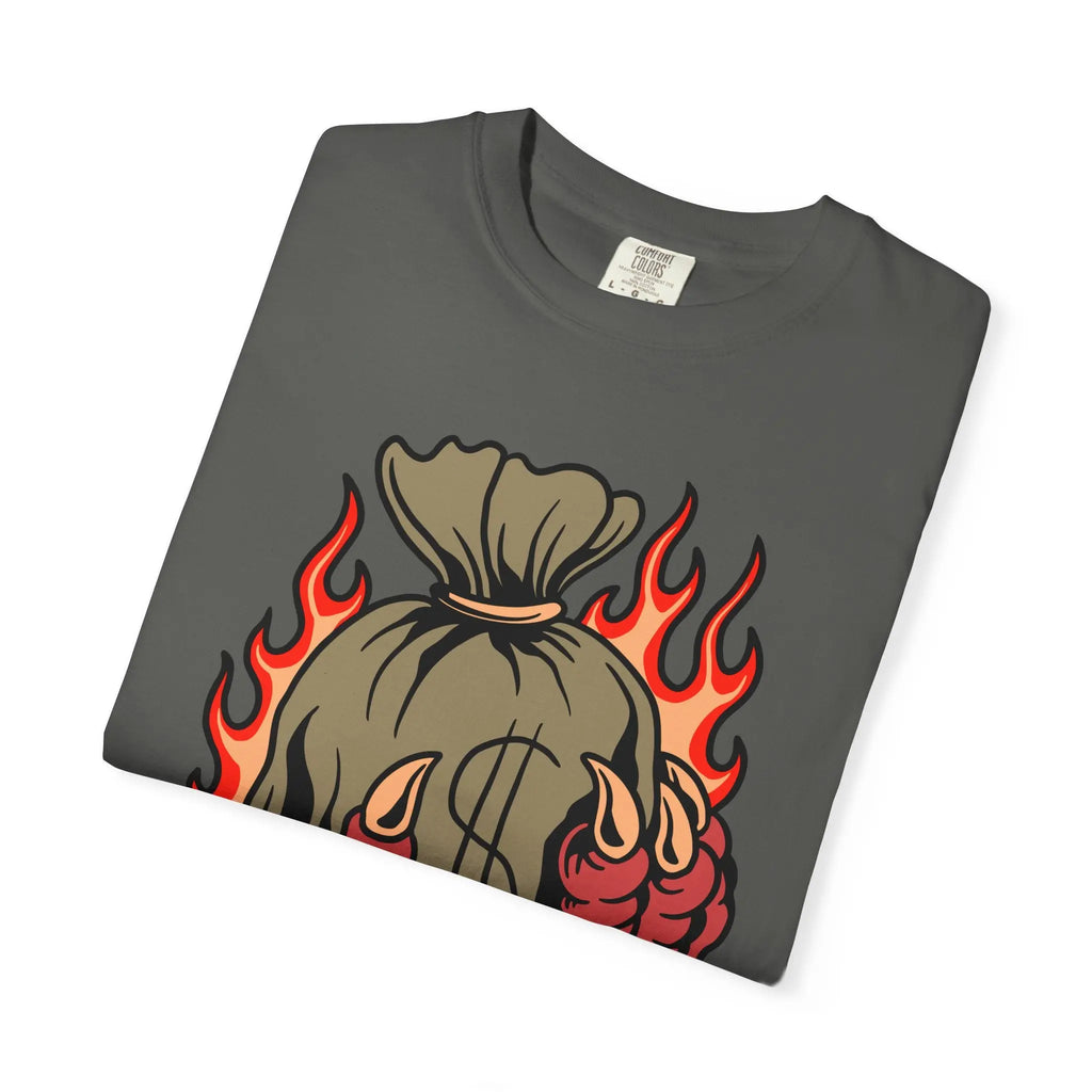 Money Bag Shirt - Devil's Hand Flaming Dollar Tattoo Tee - Sinful Threads