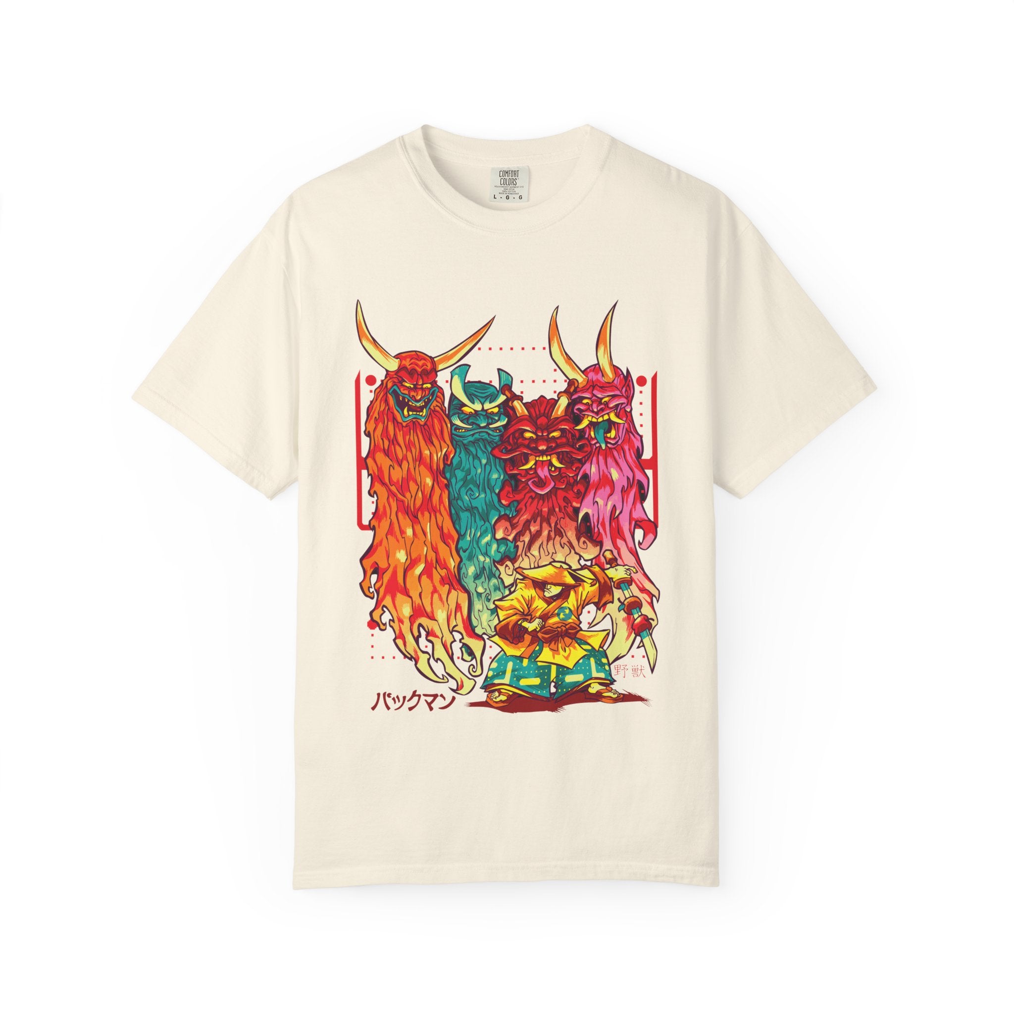 Beige t-shirt with colorful graphic design on a white background