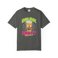 Gray t-shirt with a graphic design of a drunk face and text on a white background