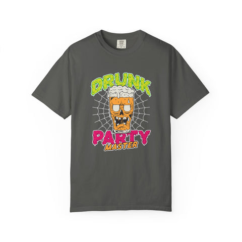 Gray t-shirt with a graphic design of a drunk face and text on a white background