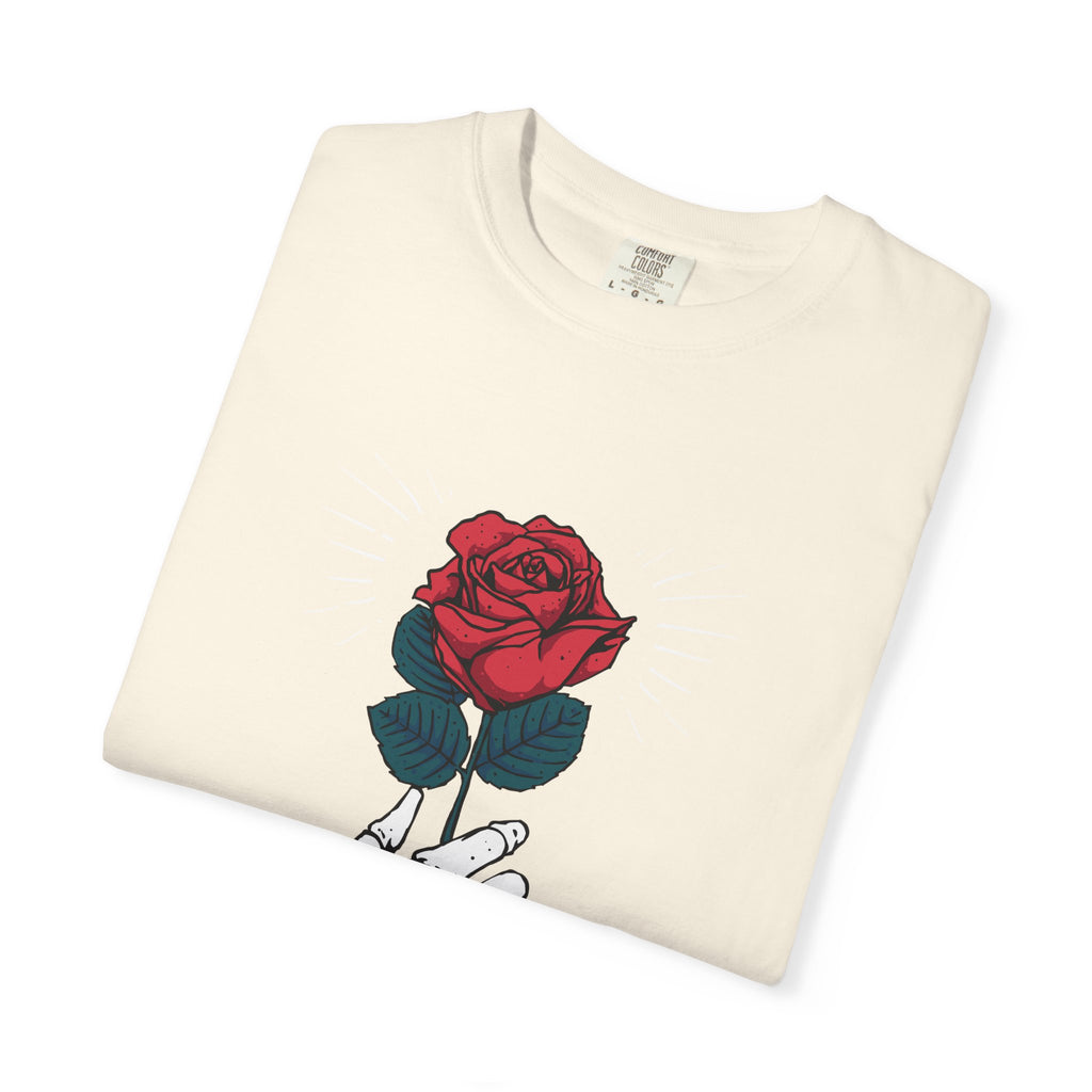 Red Rose In a Skeletal Hand Unique Graphic T-Shirt - Sinful Threads