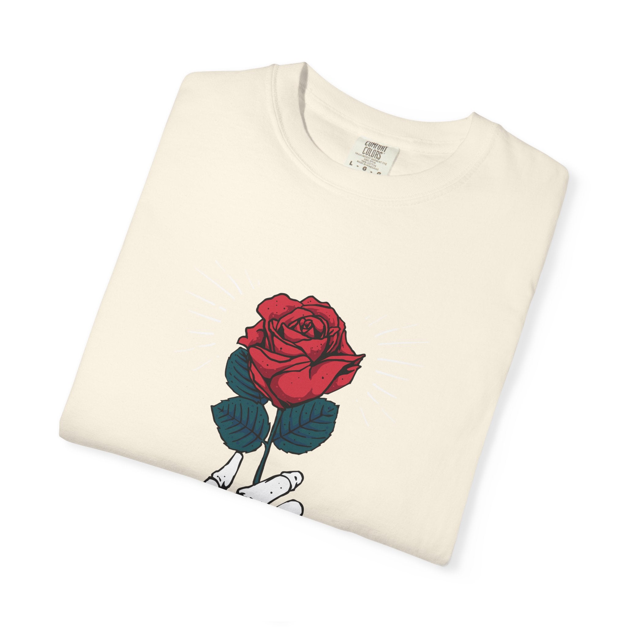 Red Rose In a Skeletal Hand Unique Graphic T-Shirt - Sinful Threads
