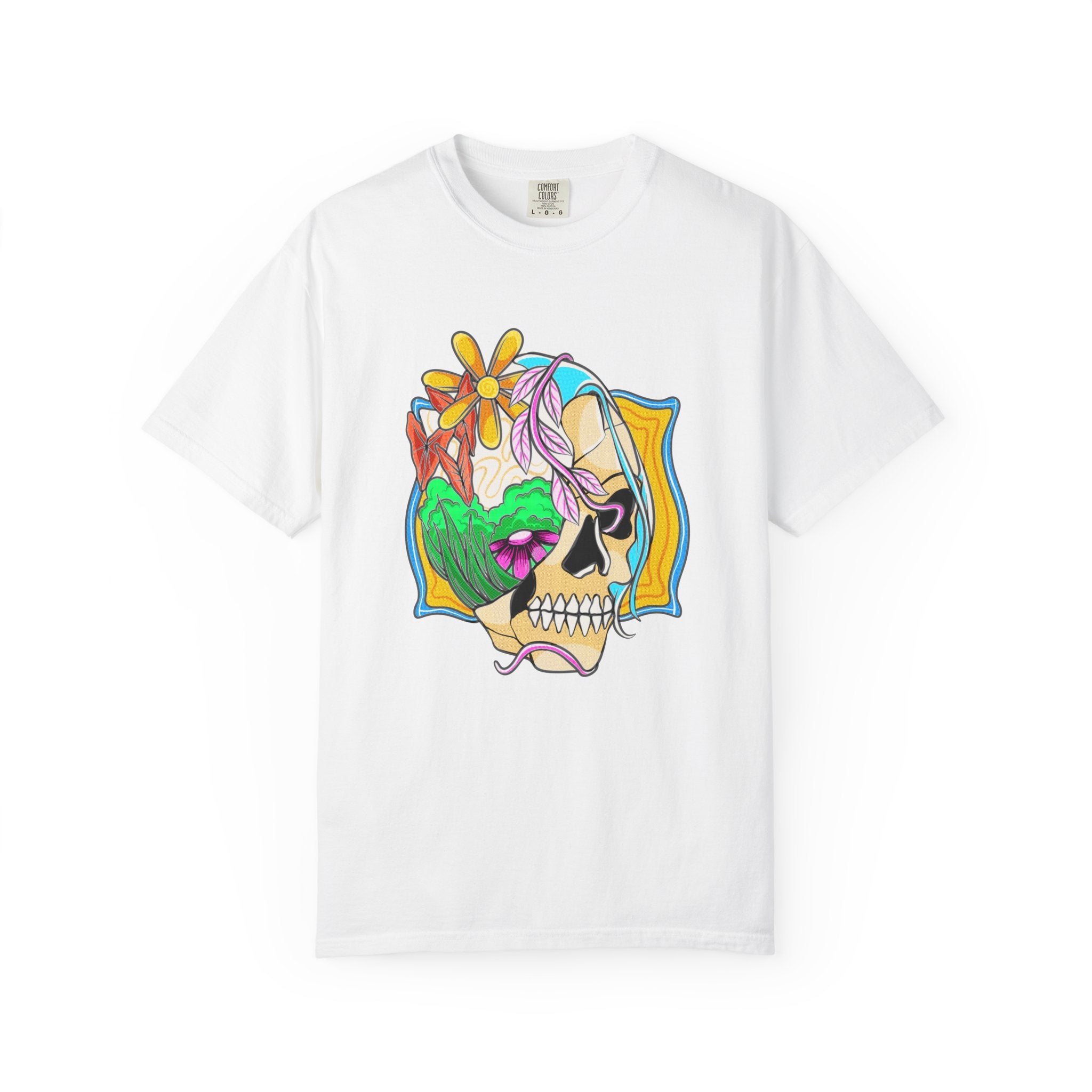 White t-shirt with a colorful skull design on a white background