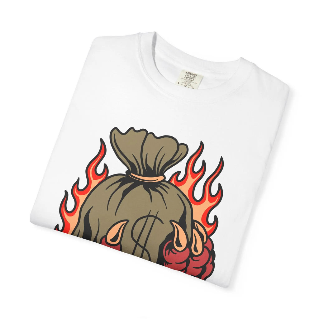Money Bag Shirt - Devil's Hand Flaming Dollar Tattoo Tee - Sinful Threads