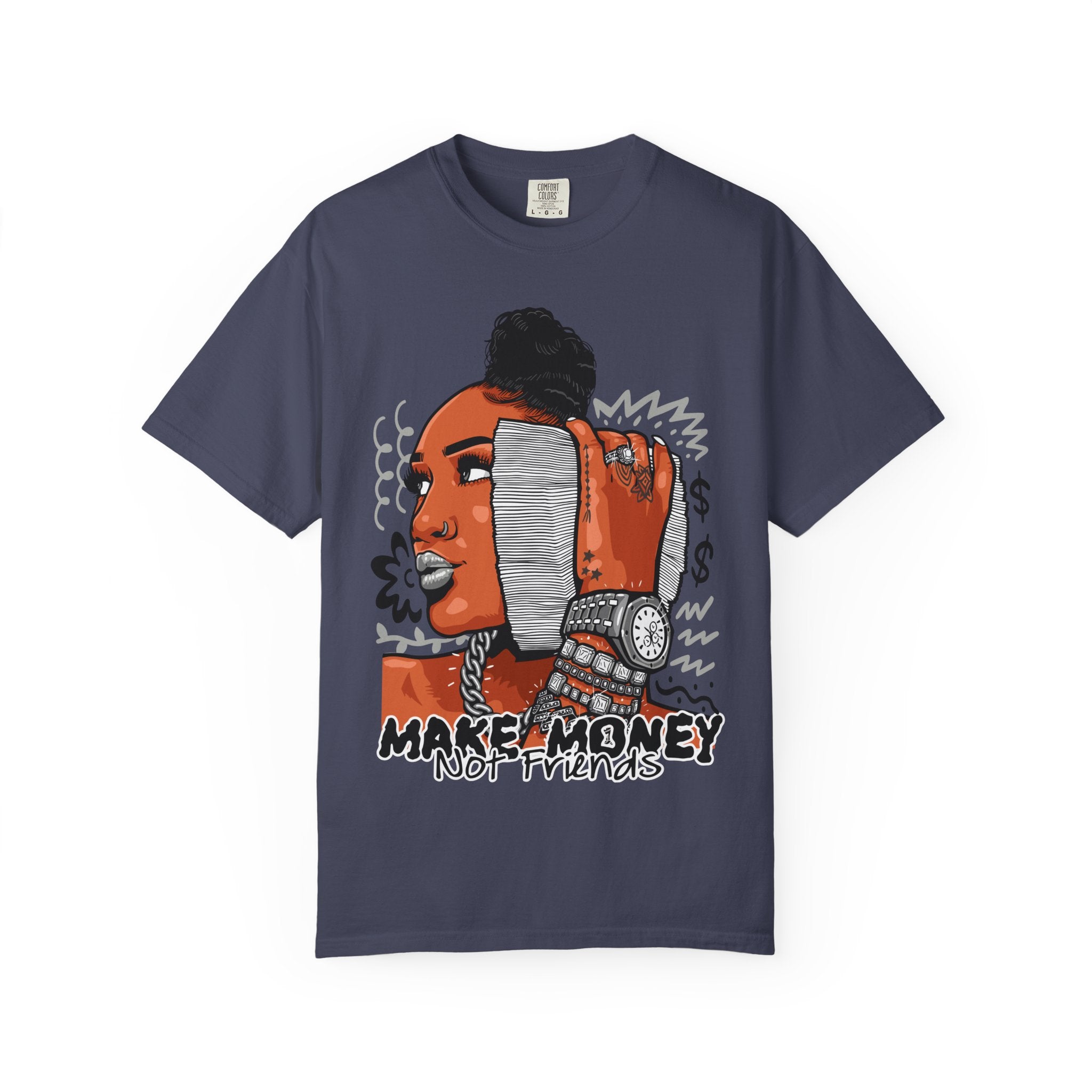 Navy blue t-shirt with a graphic of a person with braids and text 'Make Money Not Friends' on a white background.