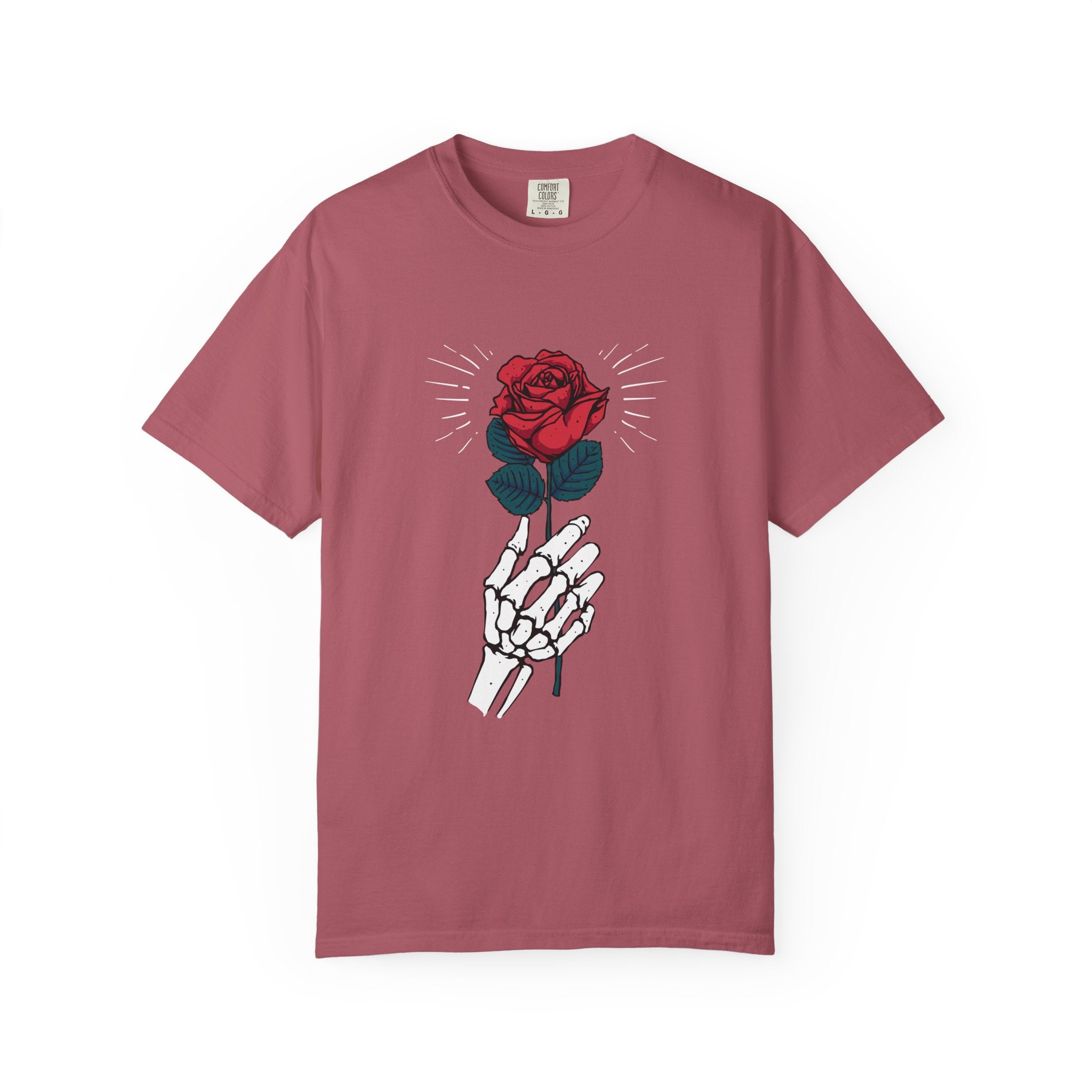 Red Rose In a Skeletal Hand Unique Graphic T-Shirt - Sinful Threads