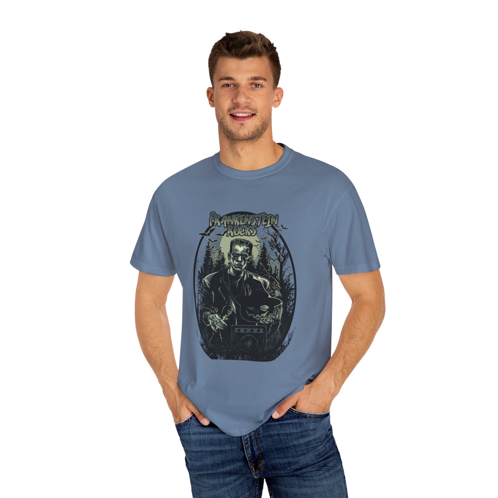 Frankenstein Rocks Halloween Graphic Novelty Design T-Shirt - Sinful Threads