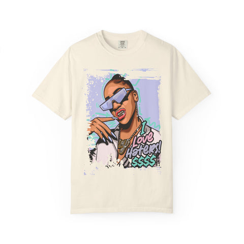 Beige t-shirt with a graphic of a person wearing sunglasses and 'I love haters' text on a white background