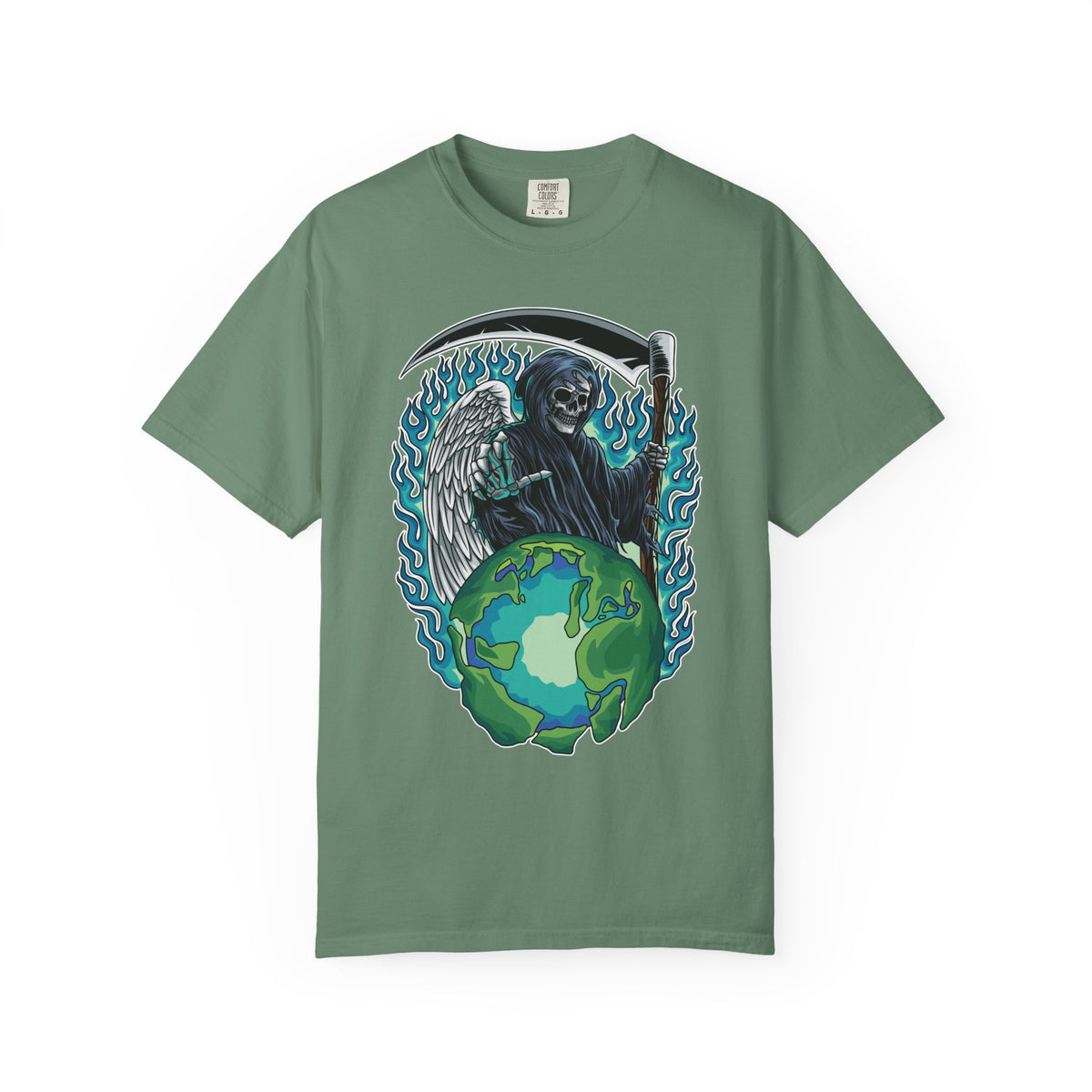 Grim Reaper Tee – Blue Flames Skull Gothic Death Shirt