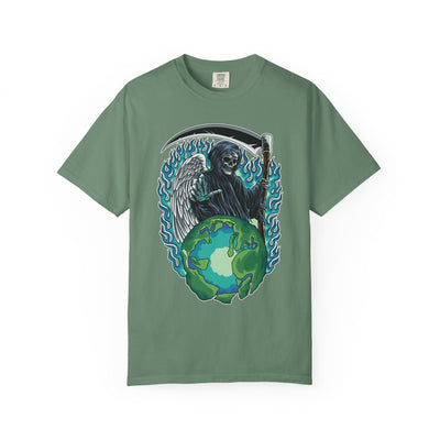 Grim Reaper Tee – Blue Flames Skull Gothic Death Shirt - Sinful Threads