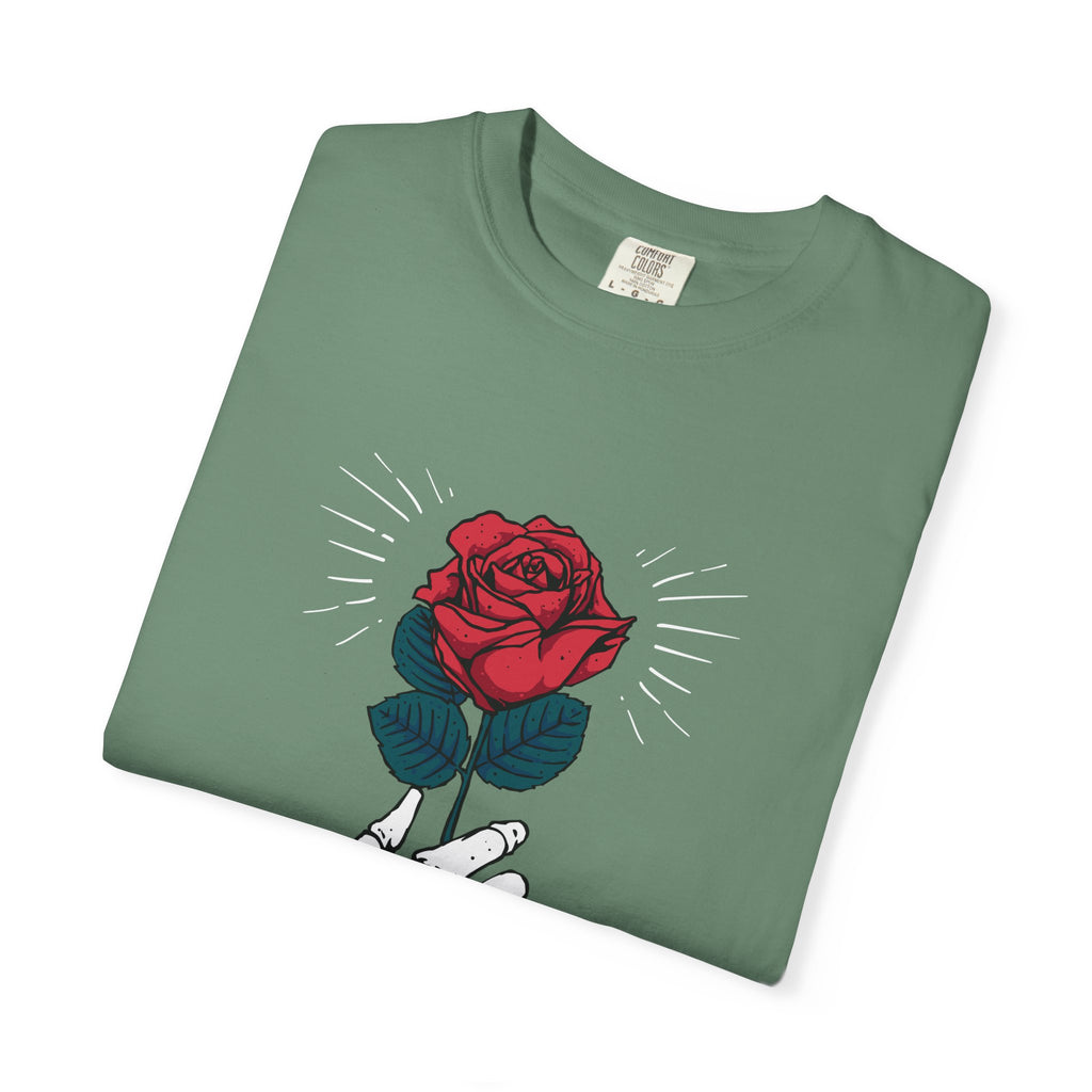 Red Rose In a Skeletal Hand Unique Graphic T-Shirt - Sinful Threads