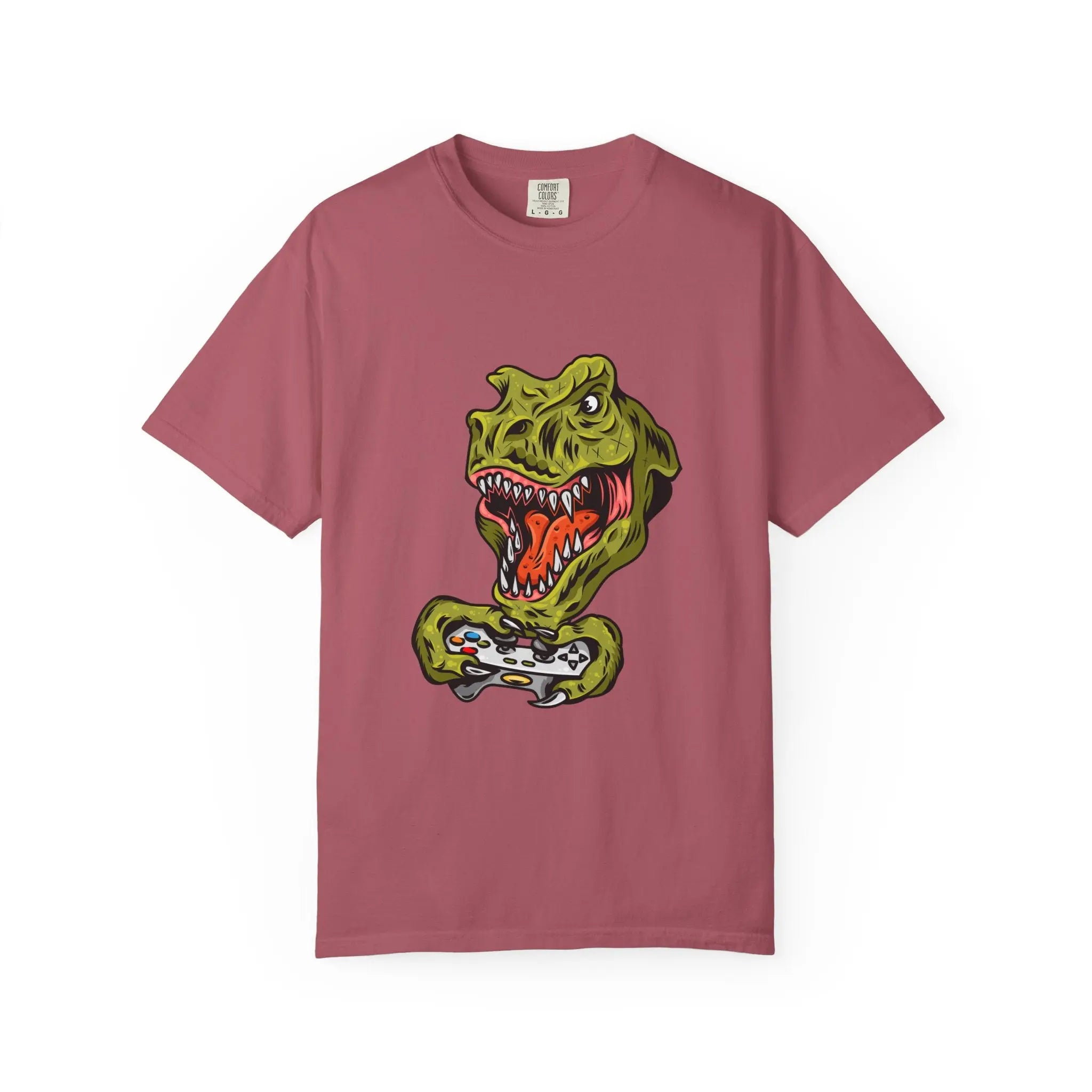 Dino Gamer Rex with Controller Video Game Fan T-Shirt - Sinful Threads