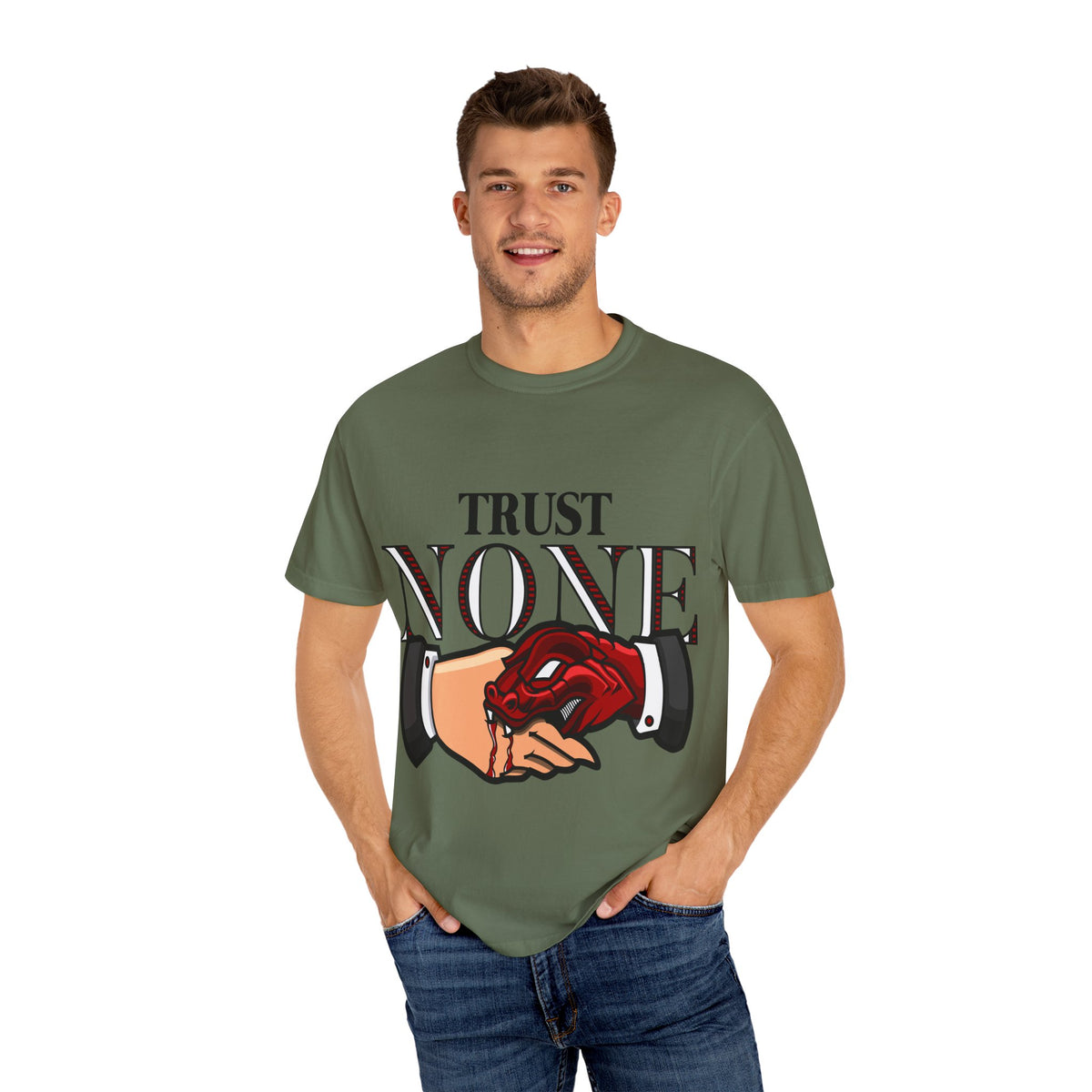 Trust None Tee – Snake Handshake Dark Streetwear