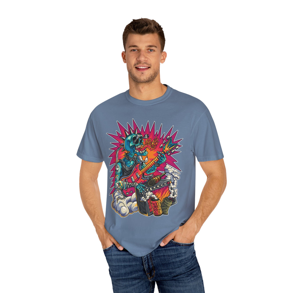 Rock Skull Guitarist Tee – Punk Metal Skeleton Shirt