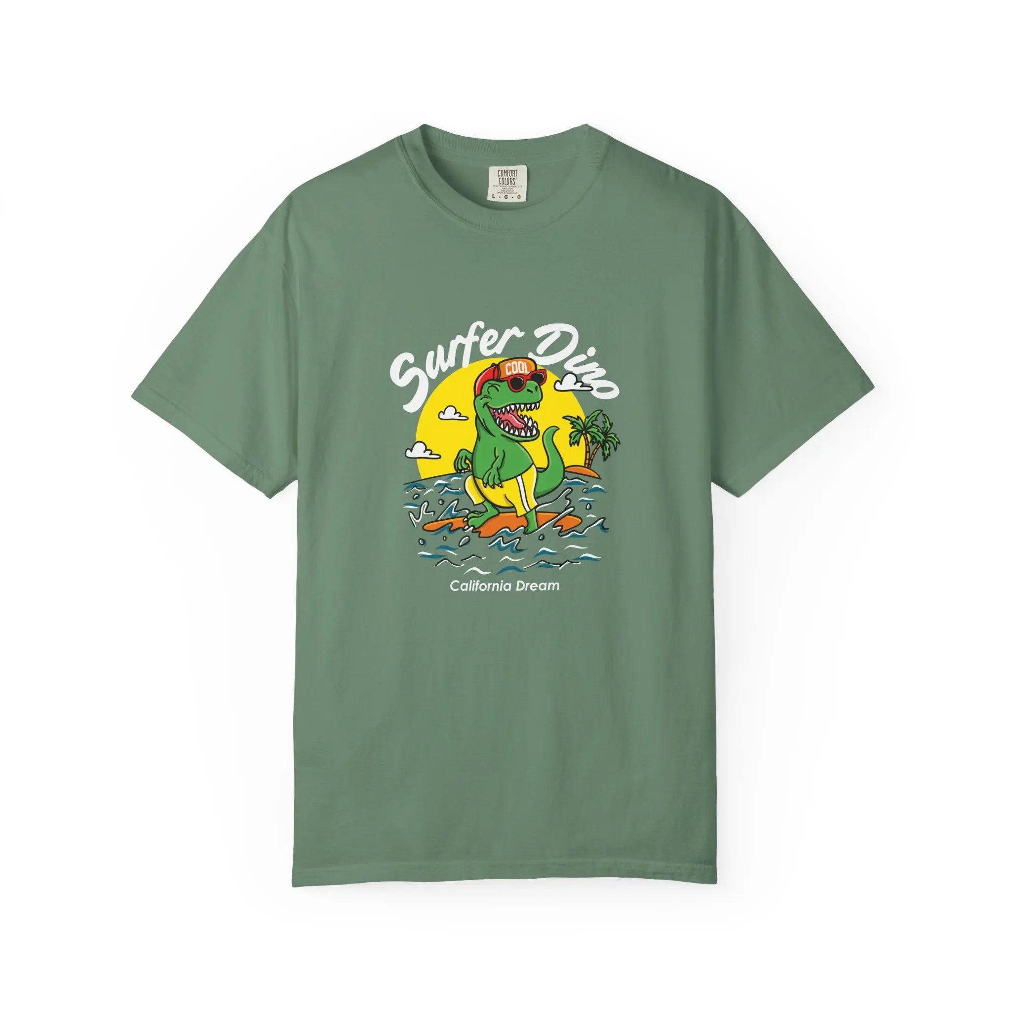 California Dream Surfing Dinosaur In Waves With Palm Tree Graphic T-Shirt - Sinful Threads