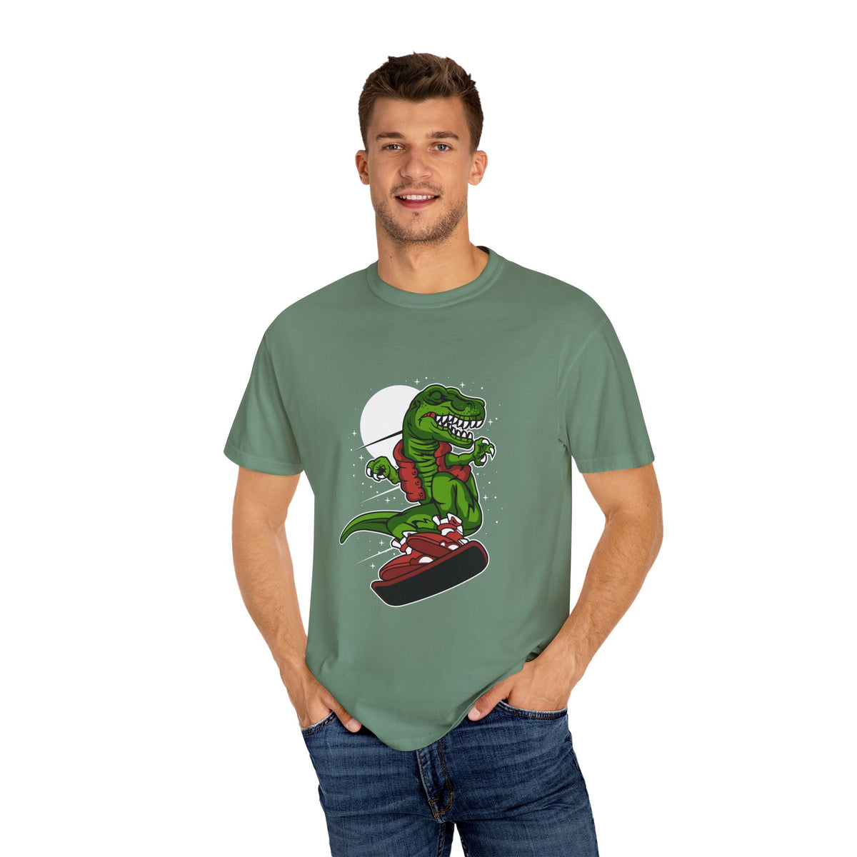 T-Rex Dinosaur on Snowboard Winter Sports Graphic T-Shirt