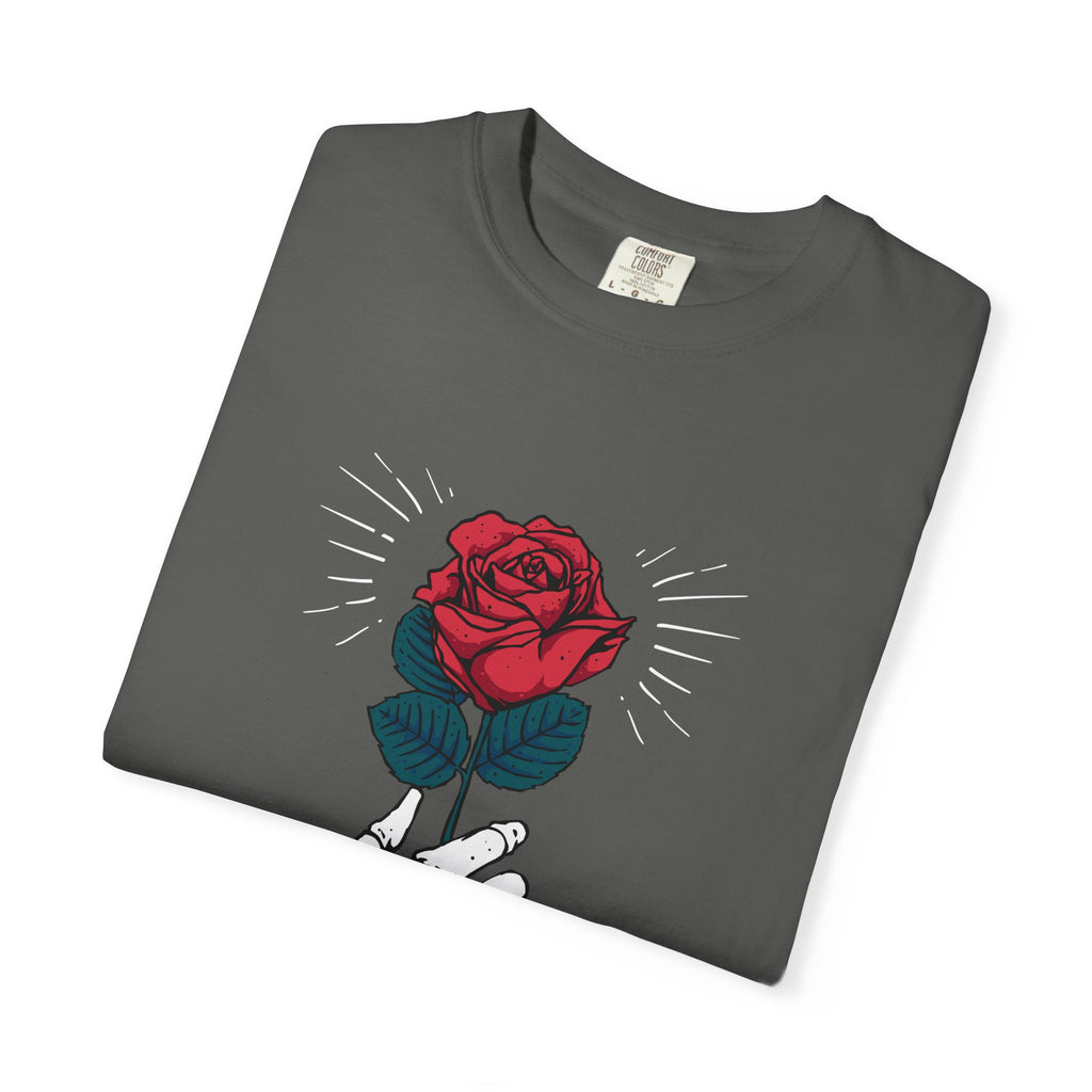 Red Rose In a Skeletal Hand Unique Graphic T-Shirt - Sinful Threads