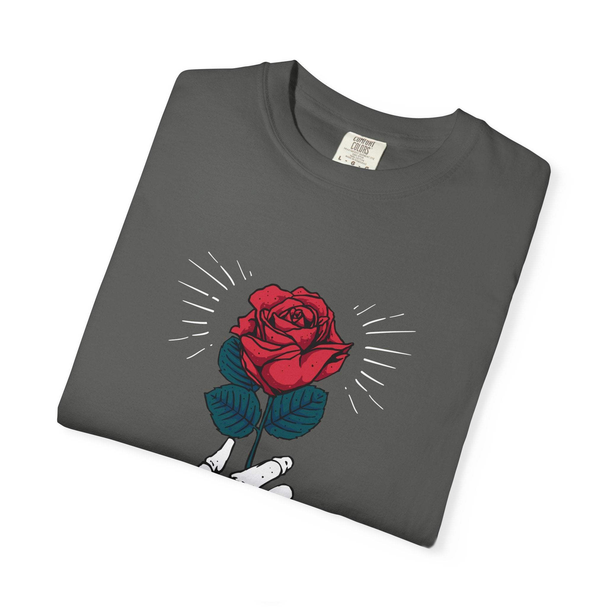 Red Rose In a Skeletal Hand Unique Graphic T-Shirt - Sinful Threads
