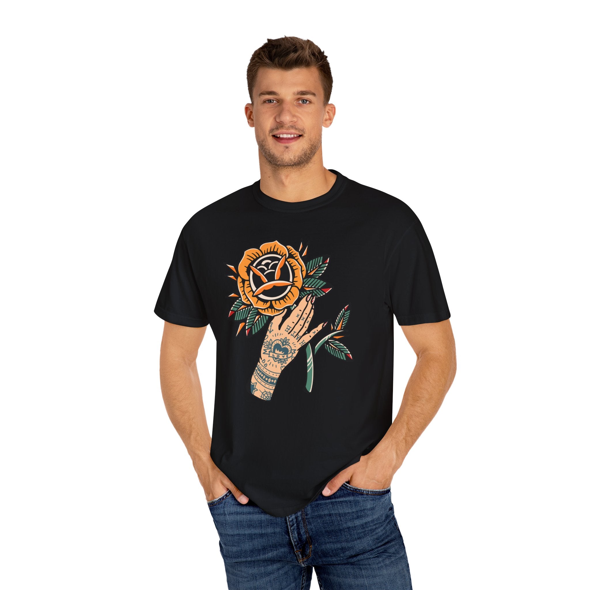 Tattoo Rose Shirt - Hand Holding Flower Tee, Artistic Gift - Sinful Threads