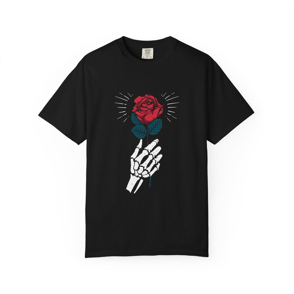 Red Rose In a Skeletal Hand Unique Graphic T-Shirt - Sinful Threads