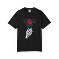 Red Rose In a Skeletal Hand Unique Graphic T-Shirt - Sinful Threads