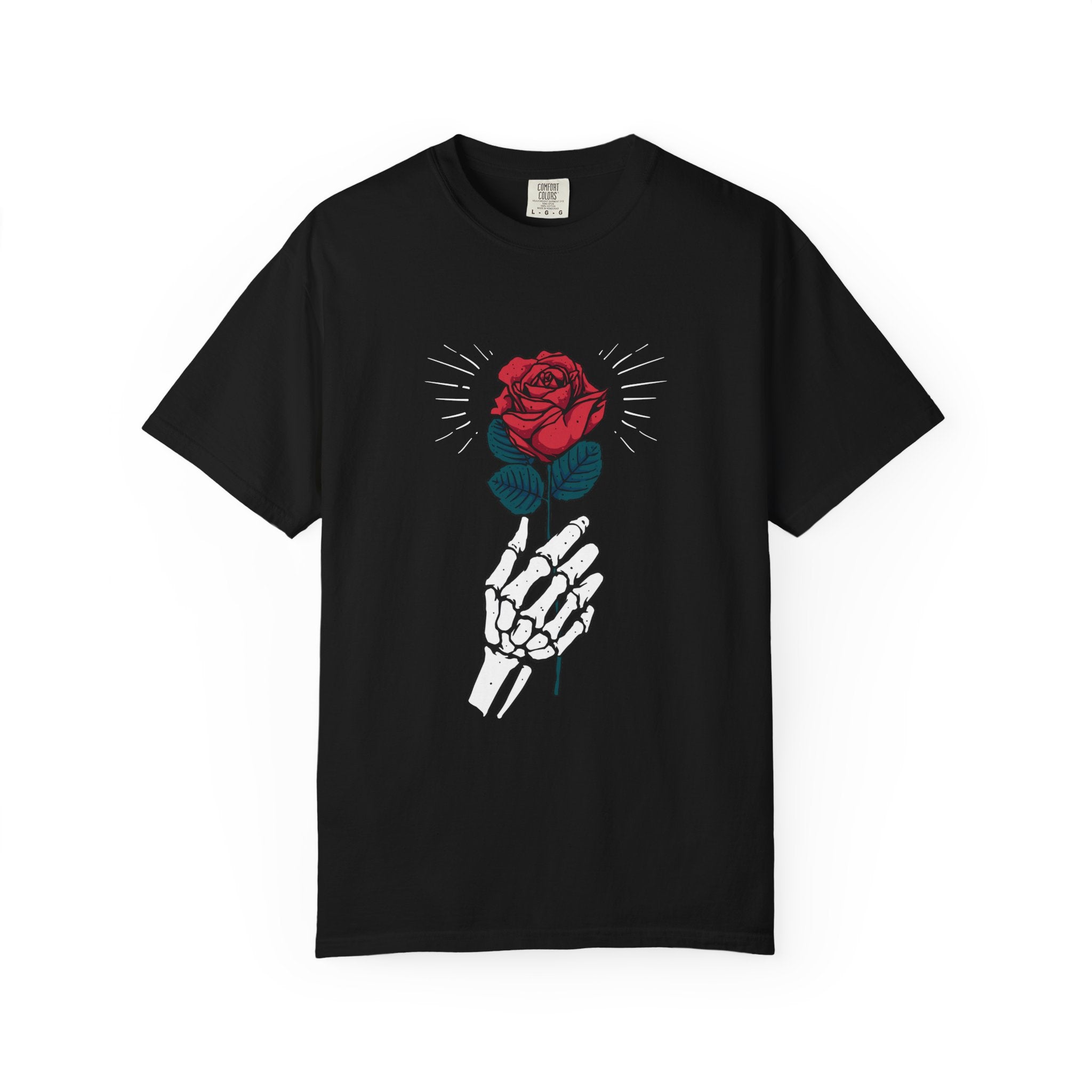 Red Rose In a Skeletal Hand Unique Graphic T-Shirt - Sinful Threads