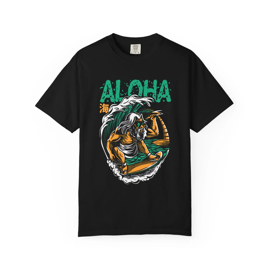 Zeus Surfing Illustration Graphic Design Aloha Text T-Shirt - Sinful Threads