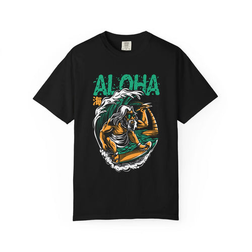 Zeus Surfing Illustration Graphic Design Aloha Text T-Shirt - Sinful Threads