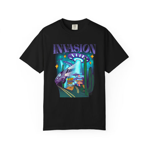 Black t-shirt with a colorful graphic design featuring a cactus and alien on a white background
