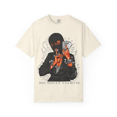Beige t-shirt with graphic design of a person in a black mask holding money on a white background