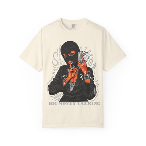 Beige t-shirt with graphic design of a person in a black mask holding money on a white background