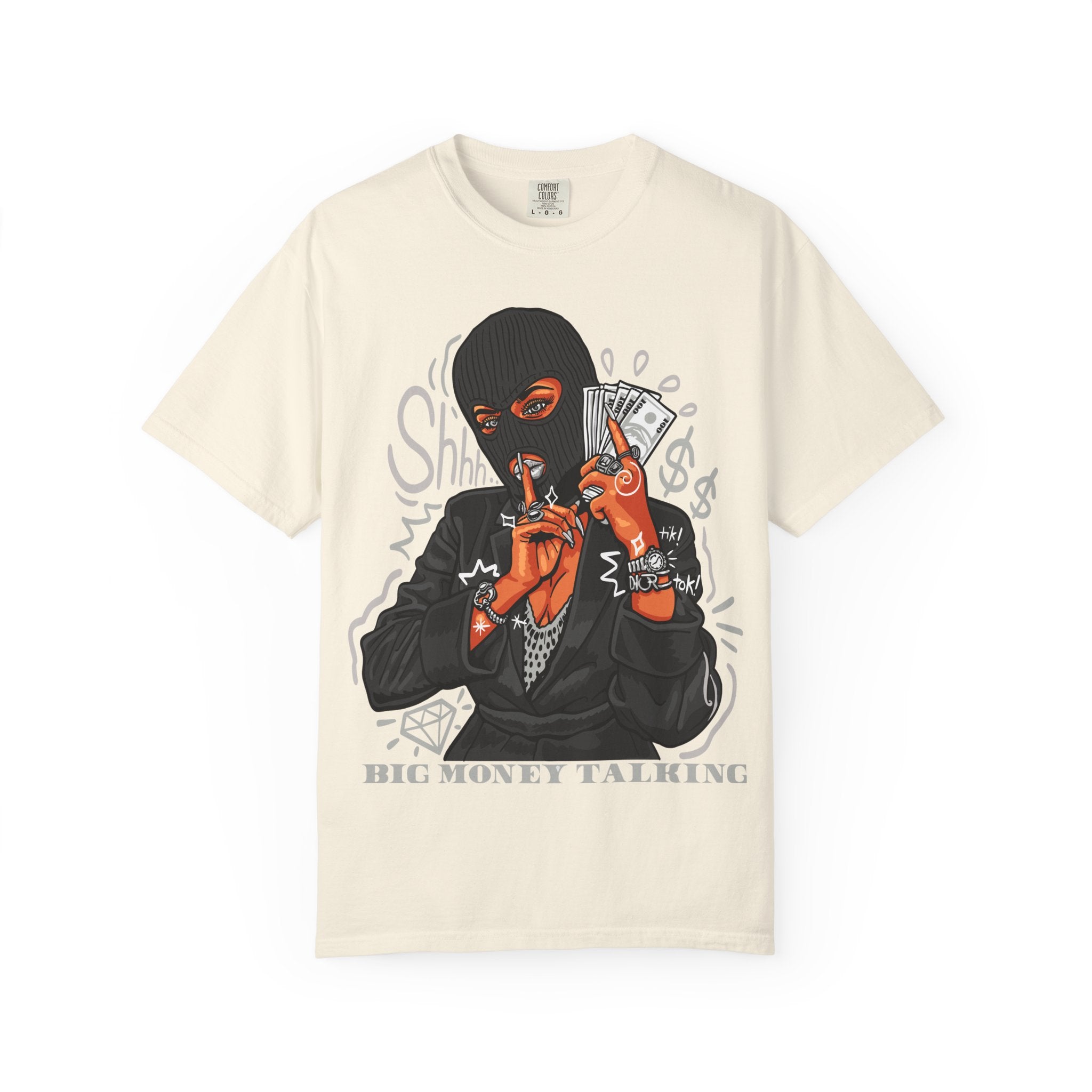 Beige t-shirt with graphic design of a person in a black mask holding money on a white background