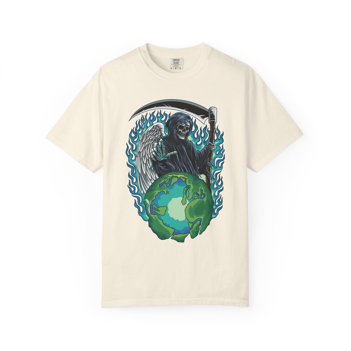 Grim Reaper Tee – Blue Flames Skull Gothic Death Shirt