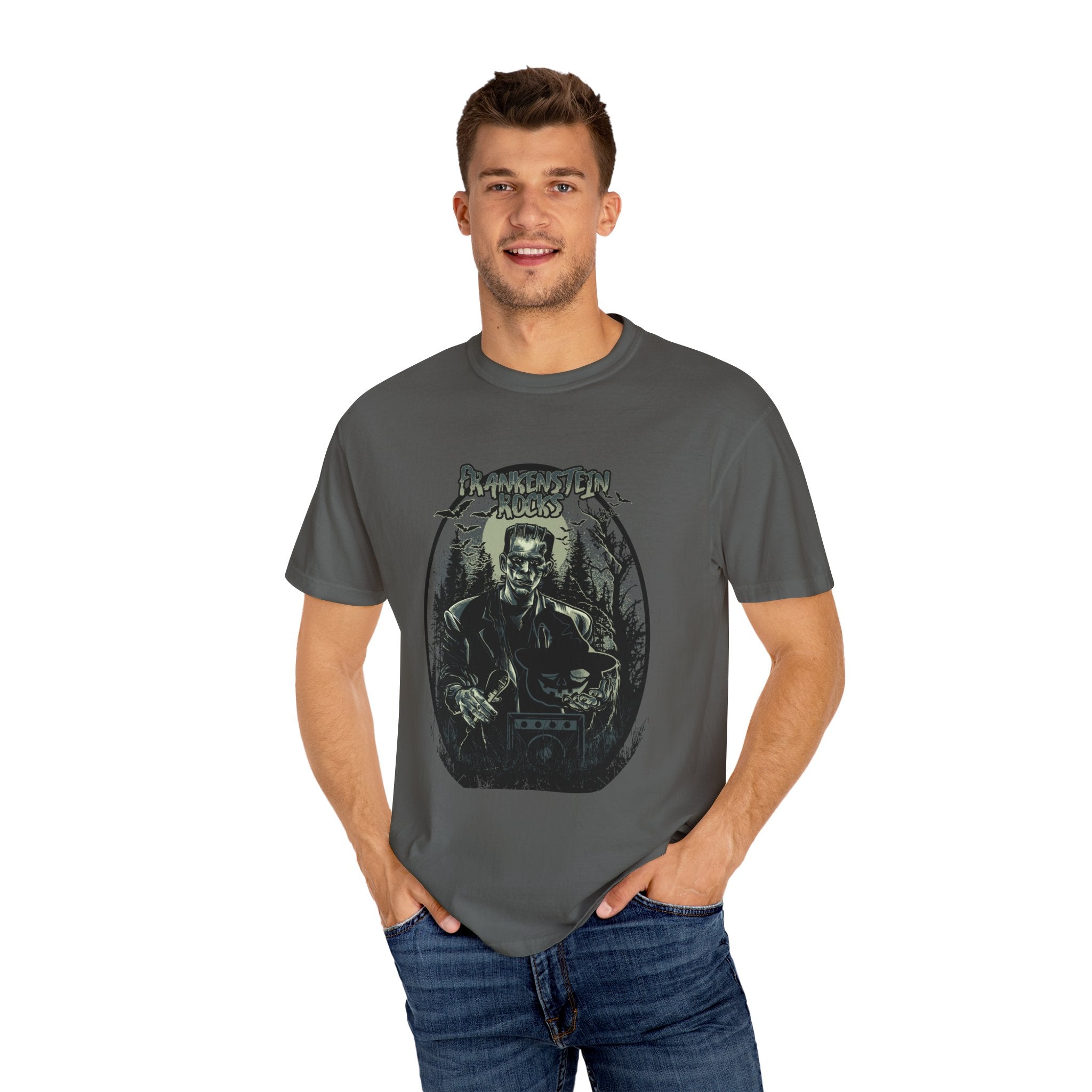 Frankenstein Rocks Halloween Graphic Novelty Design T-Shirt - Sinful Threads