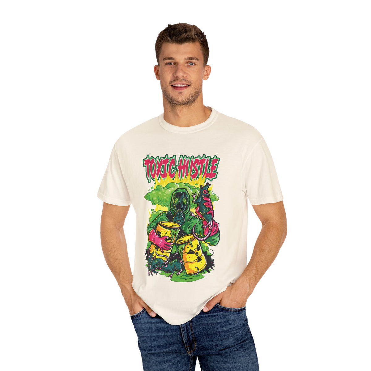 Toxic Hustle Hazmat Gas Mask Biohazard Tee - Survival Horror Shirt