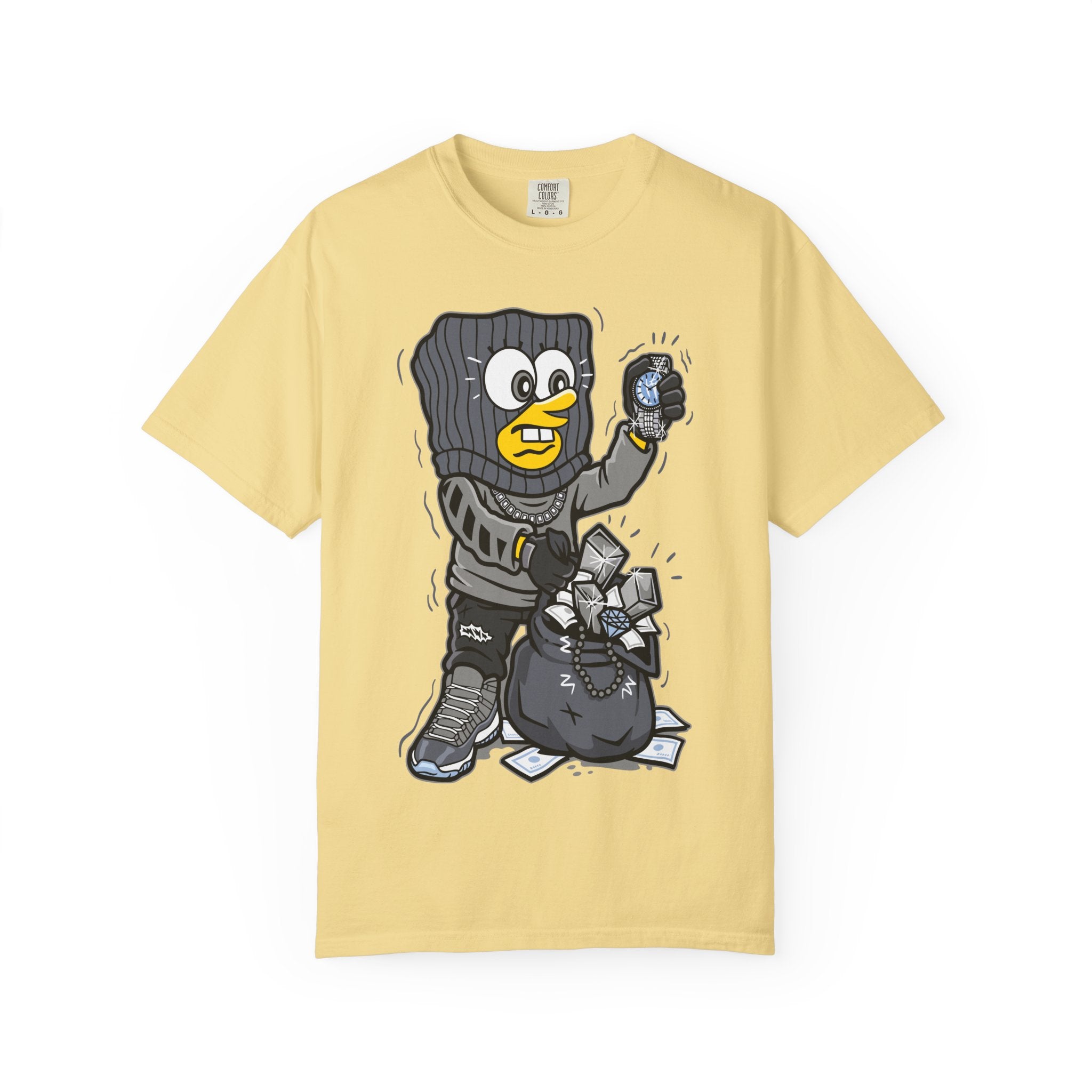 Cartoon Burglar Tee – Funny Diamond Loot Graphic Shirt - Sinful Threads