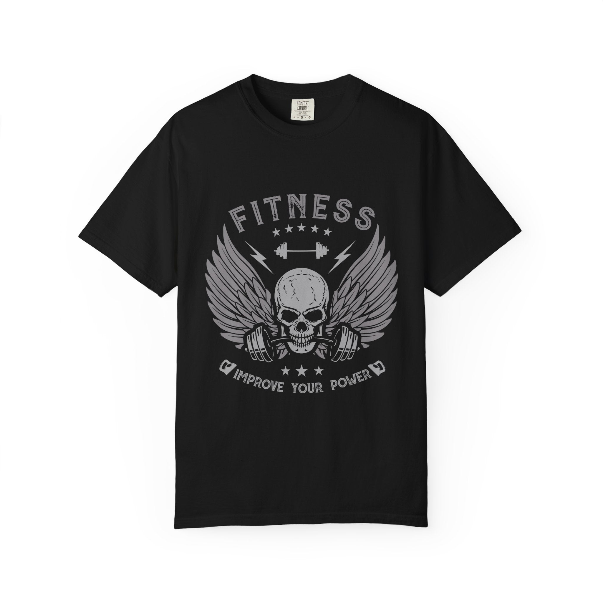 Black t-shirt with a graphic design featuring a skull and wings on a white background