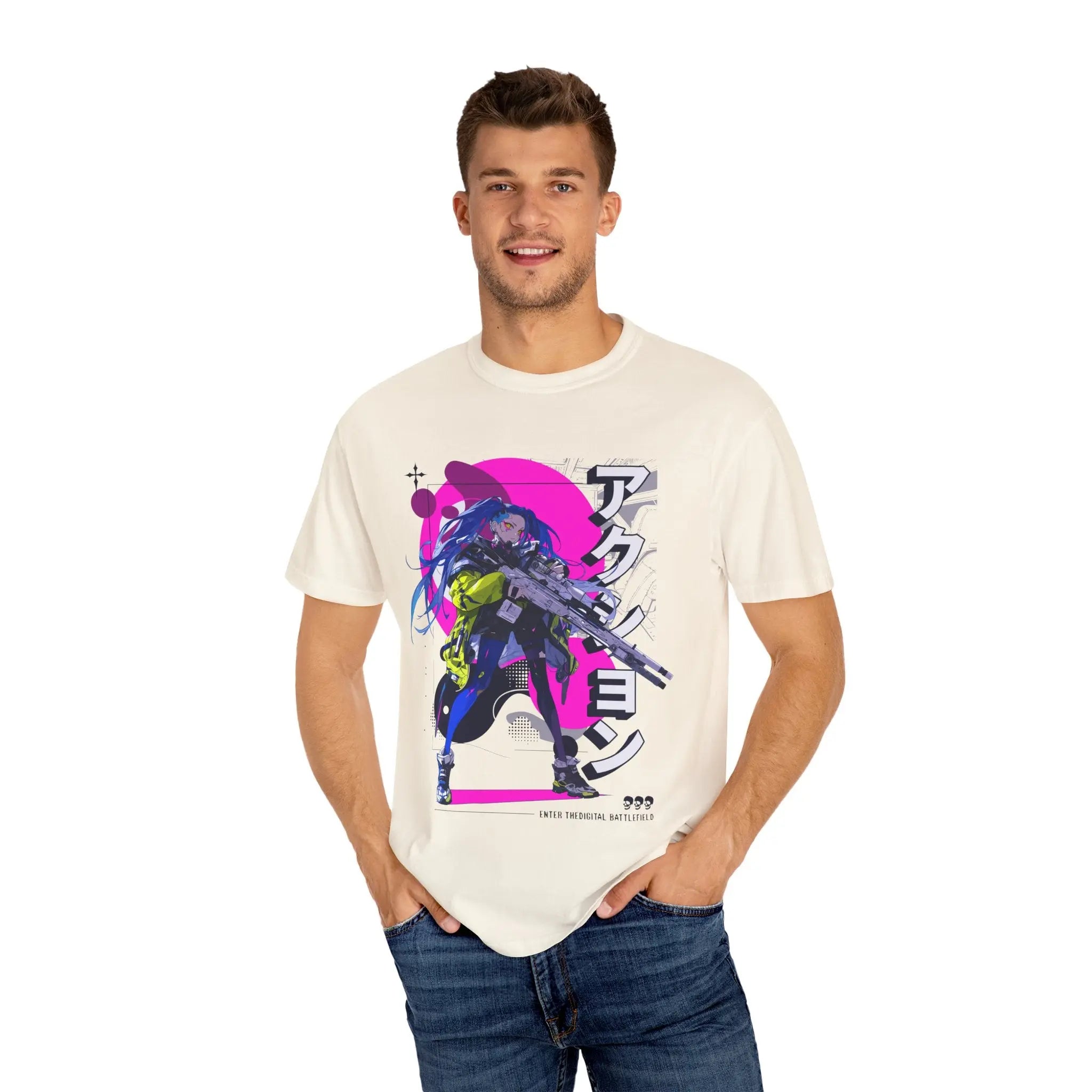 Cyberpunk Girl Tee - Futuristic Manga Gun Streetwear - Sinful Threads