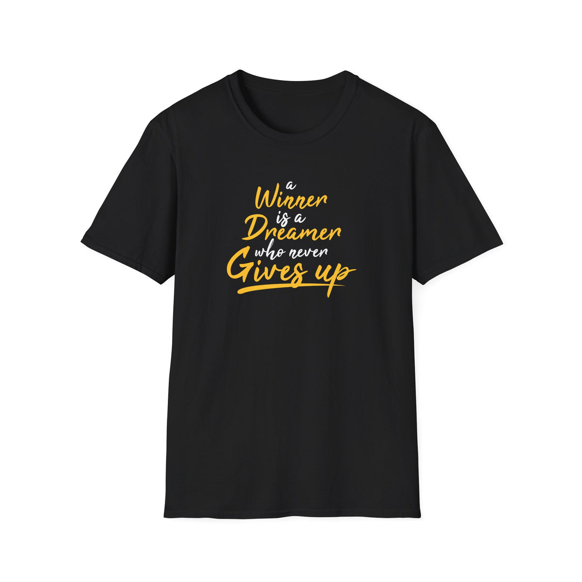 Black t-shirt with yellow motivational quote on a white background