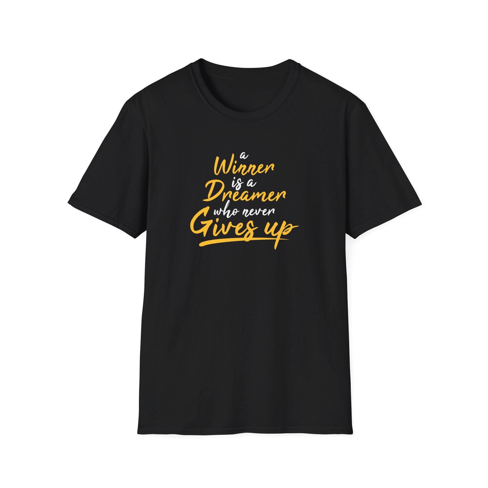 Black t-shirt with yellow motivational quote on a white background