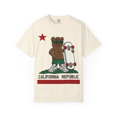 Beige t-shirt with California Republic bear graphic on a white background