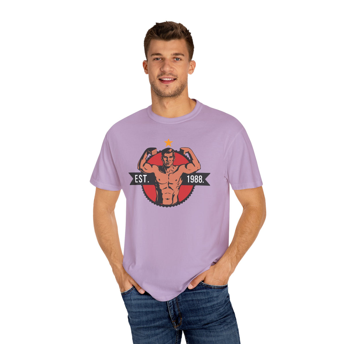 Vintage Bodybuilder Star Emblem Shirt - 1988 Retro Fitness Tee