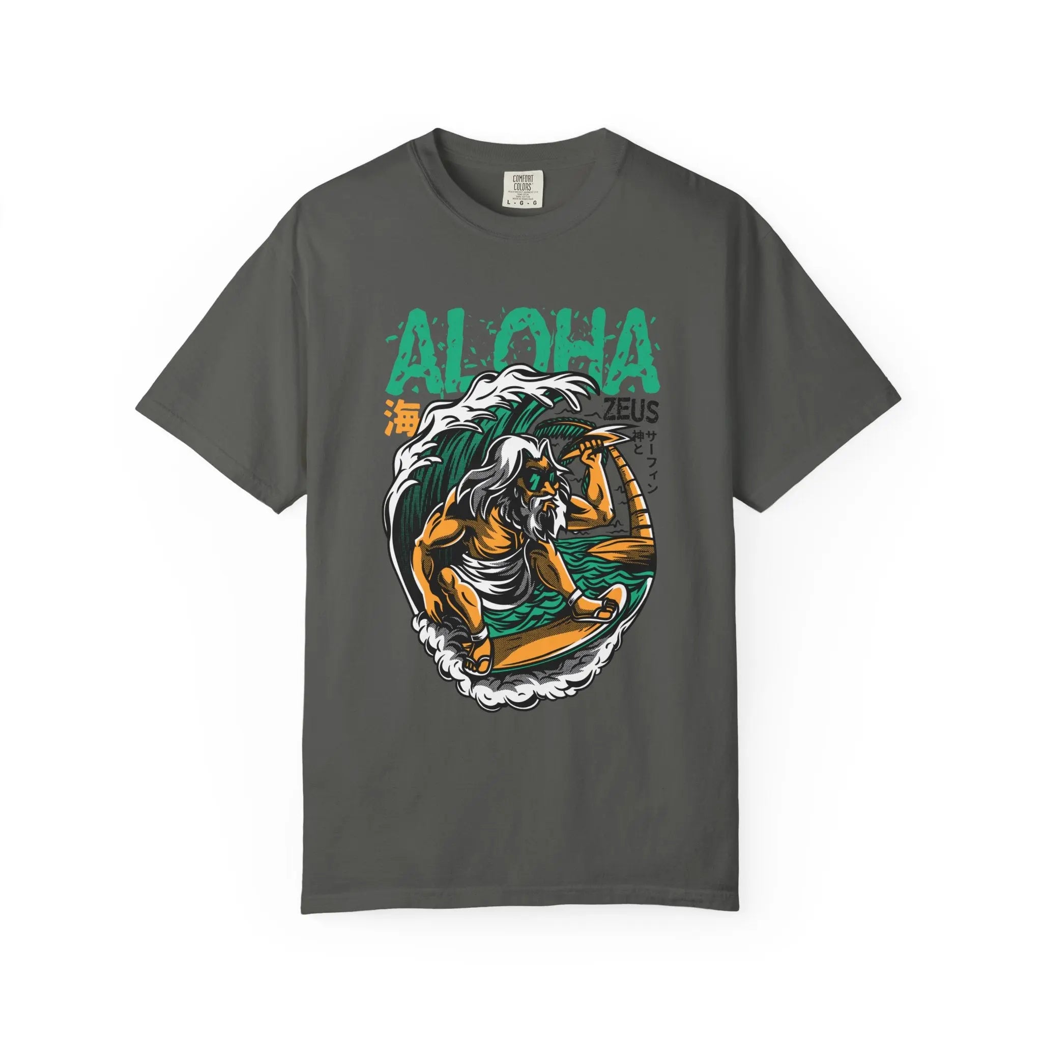 Zeus Surfing Illustration Graphic Design Aloha Text T-Shirt - Sinful Threads