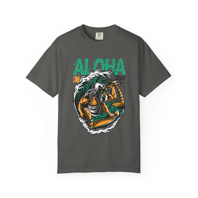Zeus Surfing Illustration Graphic Design Aloha Text T-Shirt - Sinful Threads