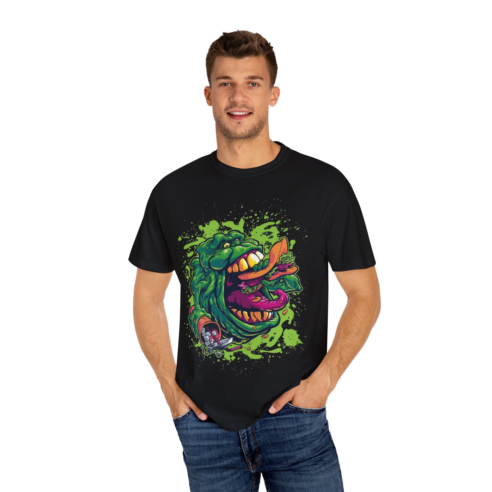 Green Slimy Ghost Tee – 80s Movie Fan Shirt with Humor - Sinful Threads