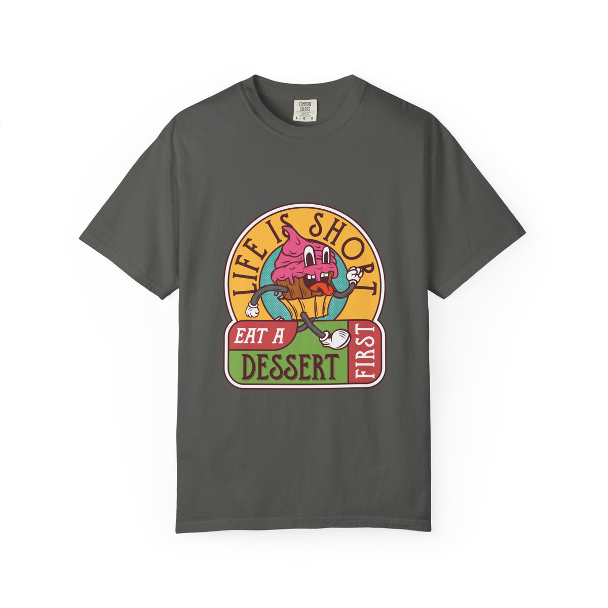 Gray t-shirt with a colorful graphic design on a white background